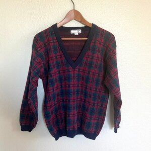 VTG 80s Tricots St. Raphael Wool Plaid V-Neck Sweater Grandpa Golf Sweater - SM